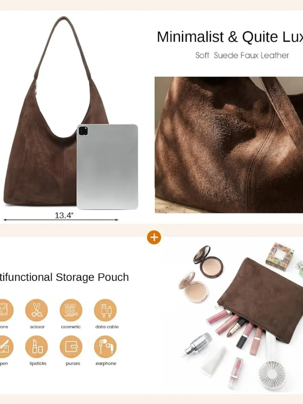 Slouchy Suede Hobo bag for Women Casual Shoulder Bag Soft Cresent Tote Purse Han